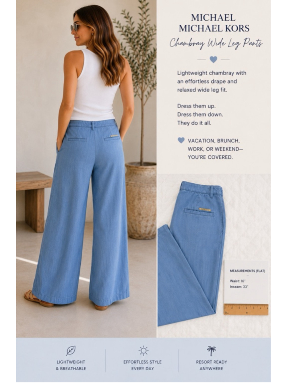 Women's Michael Kors Blue Chambray Wide Leg Pants S - Picture 2 of 9